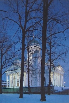 Helsinki Tuomiokirkko talvella iltavalaistuksessa Postikortt