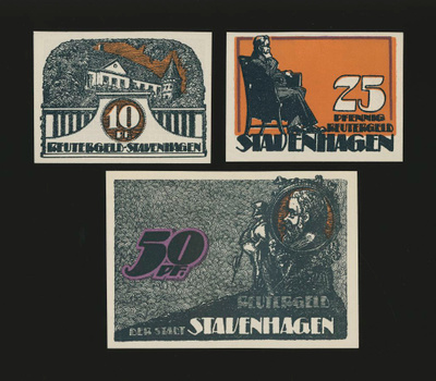 Saksa Notgeld 10, 25, 50 Pfg, Stavenhagen 1921