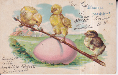 Hauskaa Pääsiäistä. Kolme tipua . pajunoksa, muna,     e126