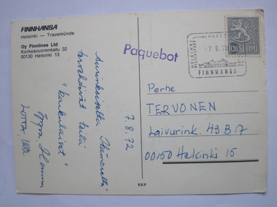 Postikortti Laiva Finnhansa Finnlines Paquebot Leima 1972