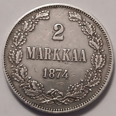 Hopea 2 markka vuodelta 1874.