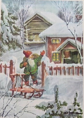 Joulutonttu vilkuttaa joulukortti