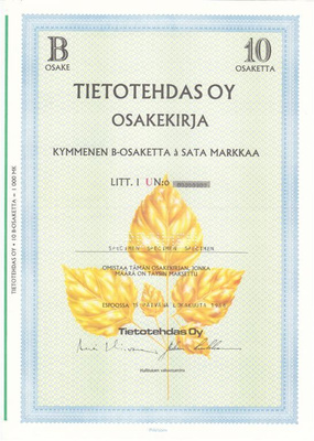 OKK 1986 Tietotehdas Oy spec, Helsinki pörssi ( Tieto Oyj)