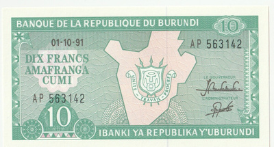 Burundi 10 Frangia 1991, pakkasileä