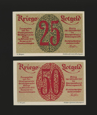 Saksa Notgeld 25, 50 Pfg, Geislingen 1920