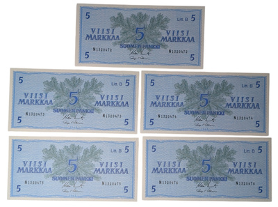 5 Markkaa 1963 Litt. B, peräkkäiset numerot