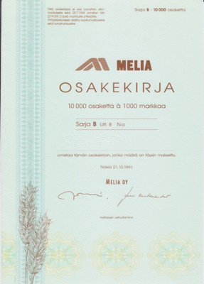OKK 1991 Melia Oy spec, Nokia osakekirja