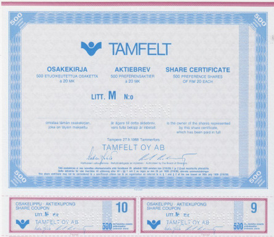 OKK 1988 Tamfelt Oy spec, Tampere pörssi osakekirja