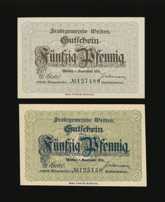 Saksa Notgeld 2 x 50 Pfg, Weiden 1918