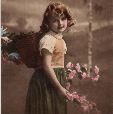 LAPSI / Vihreähameinen tyttö, reppu ja orkideat. 1900-l.