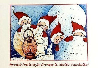 Tontut leikkii lumella Joulukortti