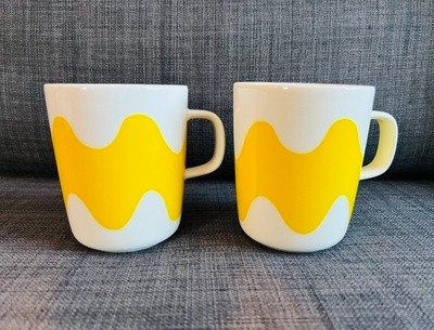 Marimekko Oiva Lokki mukit, keltaiset, hyväkuntoiset