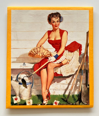 * Pin-up-magneetti * puutarhuri punaisessa mekossaan *