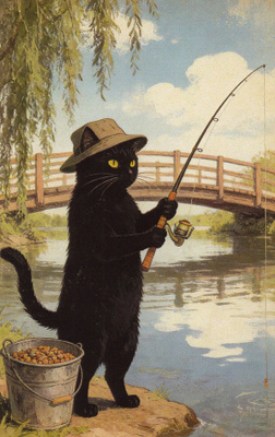 Musta kissa kalastaa