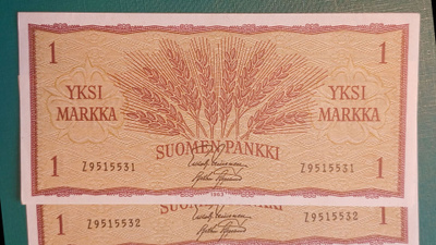 SUOMI 1mk.1963  2 kpl  Z  kirjain . Peräkkäiset numerot