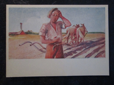 KULKEMATON KYNTÄJÄ JA HEVOSET VANHA KORTTI 1940 LUVULTA
