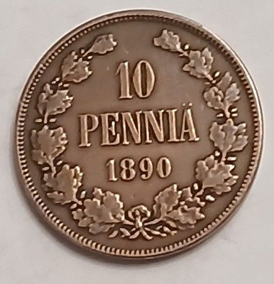 Aleksanteri III, kupari 10 penniä vuodelta 1890.