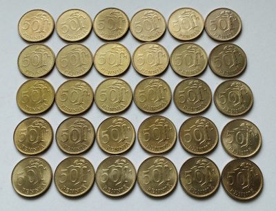 50 penniä v. 1963-1990, 5 kpl unc, muut circ, 30 kpl