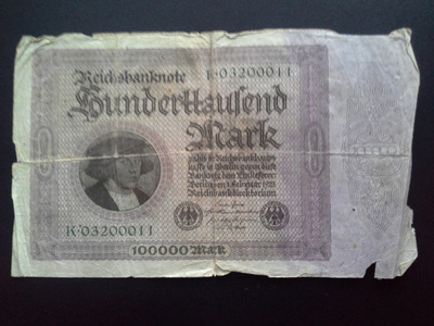 Saksa 100000 Mark Reichsbanknote 1923 seteli (130)