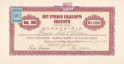 OKK 1922 Edit Strengin Kirjakauppa Oy, Savonlinna osakekirja