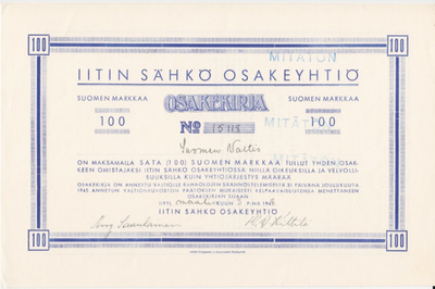 OKK 1948 Iitin Sähkö Oy, Iitti (Kausala) SUOMEN VALTIO