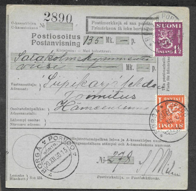 Postiosoitus - Yl.m. 1,5+1mk (LAPE 150+152) Porvoo 20.12.30