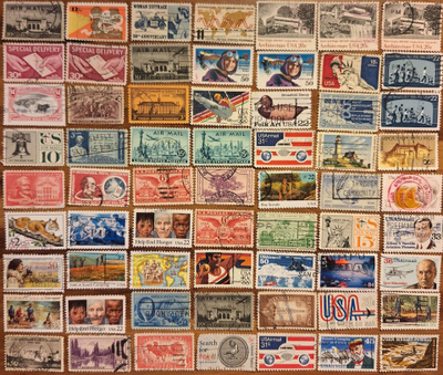 63 postimerkkiä Amerikasta (leimattuja)