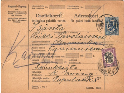 OSOITEK. VIIPURI-MAANINKA -KÄÄNETTY KÄÄRMELAHTI.SIS TUPAKKAA