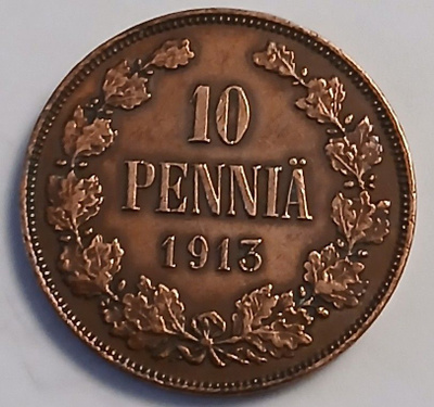 Nikolai II kupari 10 penniä vuodelta 1913.
