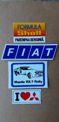 Shell formula ja auto tarroja, Mazda, Fiat, ym. yht. 4 kpl