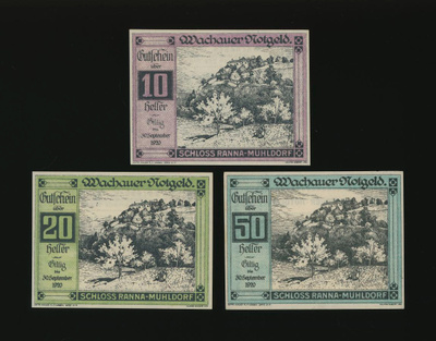 Itävalta Notgeld 10, 20, 50 Heller, Ranna-Mühldorf 1920