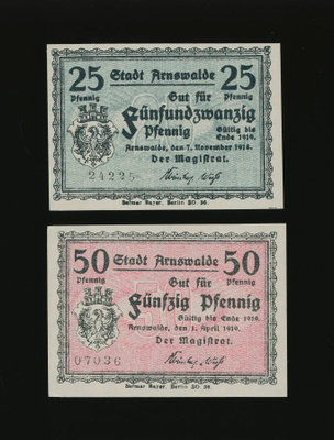 Saksa Notgeld 25, 50 Pfennig, Arnswalde 1918-19