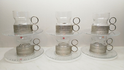 Timo Sarpaneva Tsaikka lasit 6 kpl aluslautasilla, Iittala