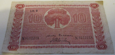 Seteli 10 mk Litt. B 1945 Suomen Pankki N9512218