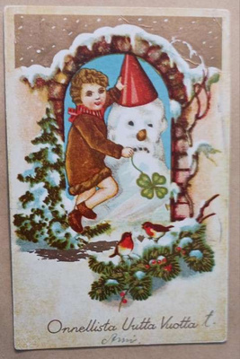 Lapsi ja lumiukko Uutena Vuotena, p. 1938