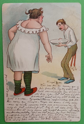 Vaimo komentaa miestään aamutoimiin, p. 1902