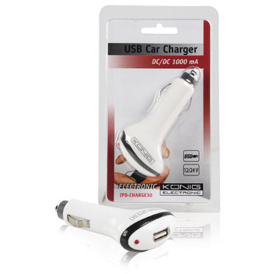 König USB Autolaturi, USB A naaras, 1000mAh, valkoinen UUSI