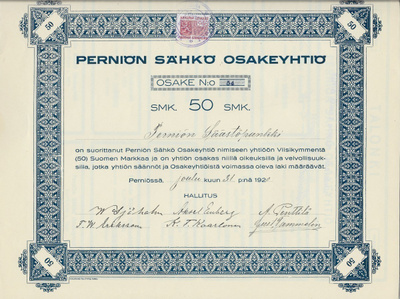 OKK 1920 Perniön Sähkö Oy, Perniö osakekirja