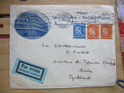 Firmakuori hotelli Helsingistä 1936 ilmaposti Saksaan