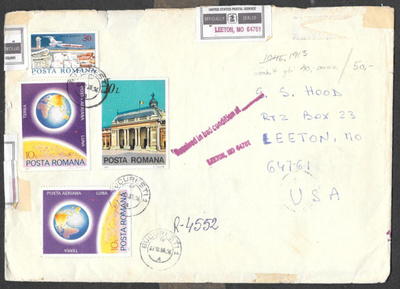 Postilähetys - Romania-USA 1988 - merkkejä, leimoja