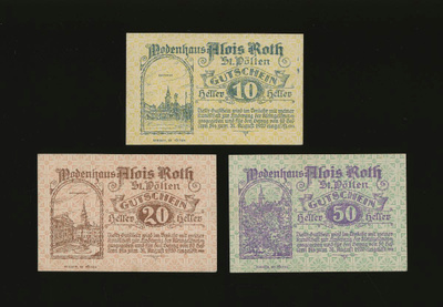 Itävalta Notgeld 10, 20, 50 Heller, Sankt Pölten