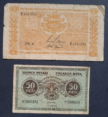 Vanhat setelit: 25 penniä 1918 ja 5 mk 1945