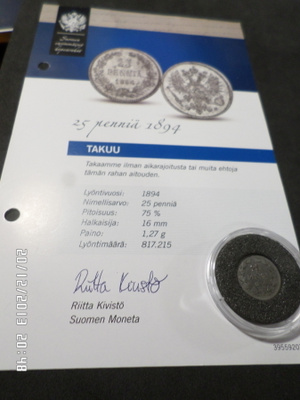 25 penniä 1894 + Suomen moneta takuu lappu raha pillerissä