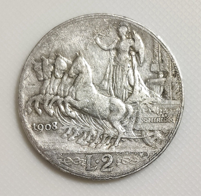 Italia 2 Lire 1908, Vittorio Emanuele III, Hopeakolikko