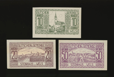 Itävalta Notgeld 10, 20, 50 Heller, Steinhaus 1920