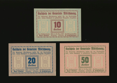 Itävalta Notgeld 10, 20, 50 Heller, Mörschwang 1920