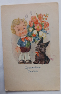 Lapsi ja koira tuovat onnittelukukkia ja laulavat, p. 1943