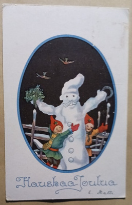 Soikiokortti, lapset ja lumiukko, p. 1922