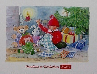 Tonttu ompelee Joulukortti