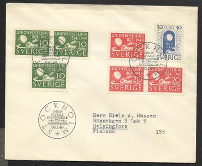 Ruotsi - UPU 75v 1949 FDC (Fac. 390-392)